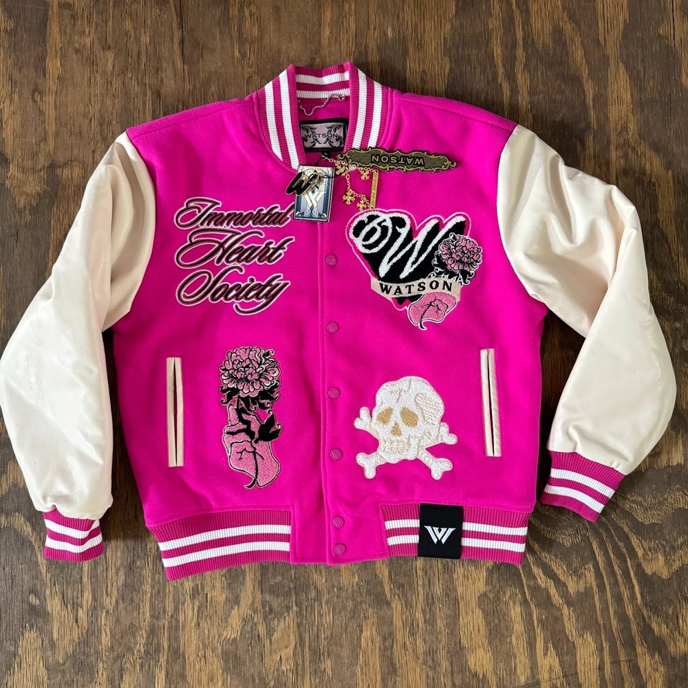 NWT Watson Immortal Heart Society Varsity Jacket L Pink Embroidered $350